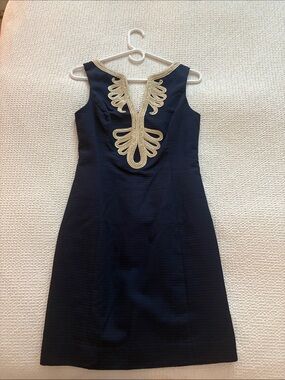 Lilly Pulitzer navy dress with gold embellishments